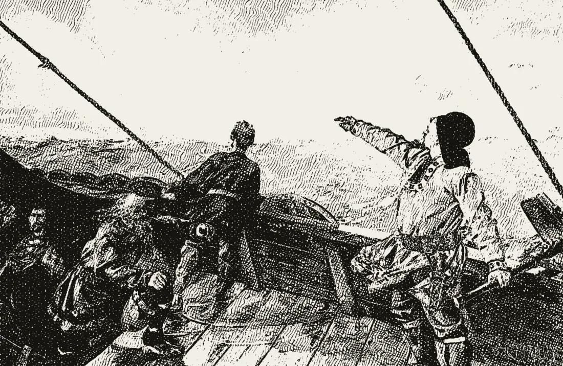 Engraved illustration of a Viking sighting new land from a longship
